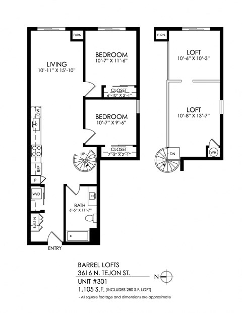Floor plan for 2 beds, 1 bath, 1042 sqft